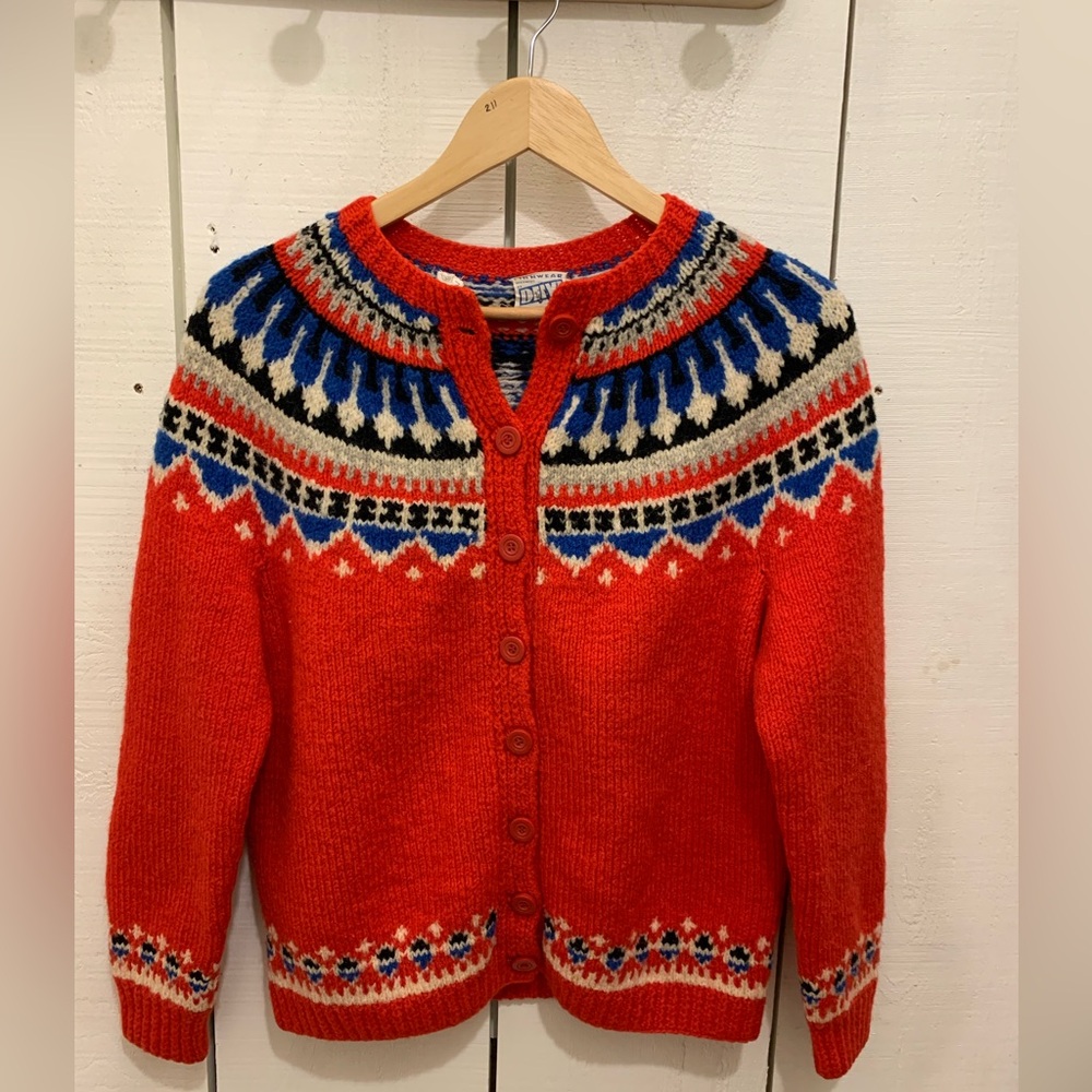 Vintage Red Nordic Patterned Wool Cardigan